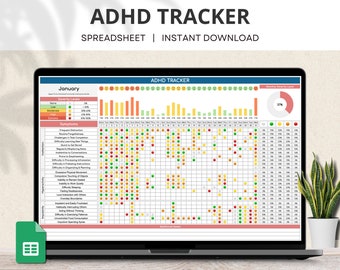 May include: A digital spreadsheet for tracking ADHD symptoms. The spreadsheet is titled "ADHD Tracker" and includes a calendar for January with a severity level tracker. The spreadsheet also includes a list of common ADHD symptoms.