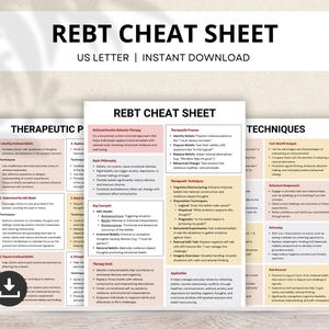 Peut inclure: Une feuille de triche REBT imprimable avec trois sections : Processus thérapeutique, Techniques et Principes thérapeutiques. La feuille est conçue pour aider les gens à comprendre et à appliquer la thérapie comportementale rationnelle-émotive (TCRE).
