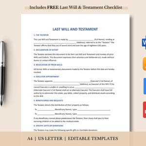 May include: A Last Will and Testament form with editable templates, A4 size, and a free checklist. The document includes sections for the testator, declaration of intent, and executor appointment. A pen rests on the left side of the document.