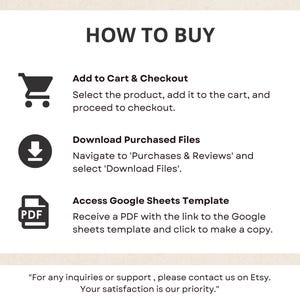 May include: A black and white graphic illustration of a shopping cart, a download arrow, and a PDF document. The text "HOW TO BUY" is at the top of the image. The text below each icon explains how to purchase and download digital files.