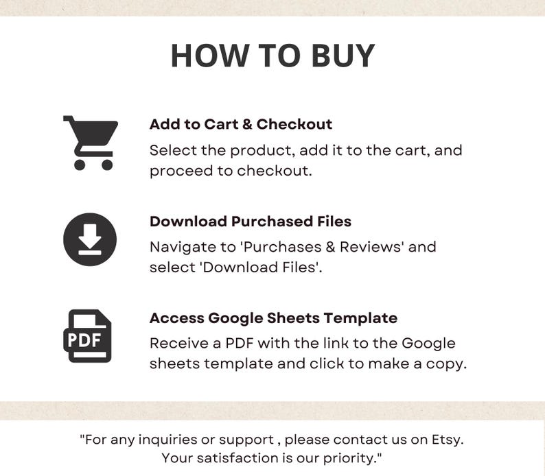 May include: A black and white graphic illustration of a shopping cart, a download arrow, and a PDF document. The text "HOW TO BUY" is at the top of the image. The text below each icon explains how to purchase and download digital files.