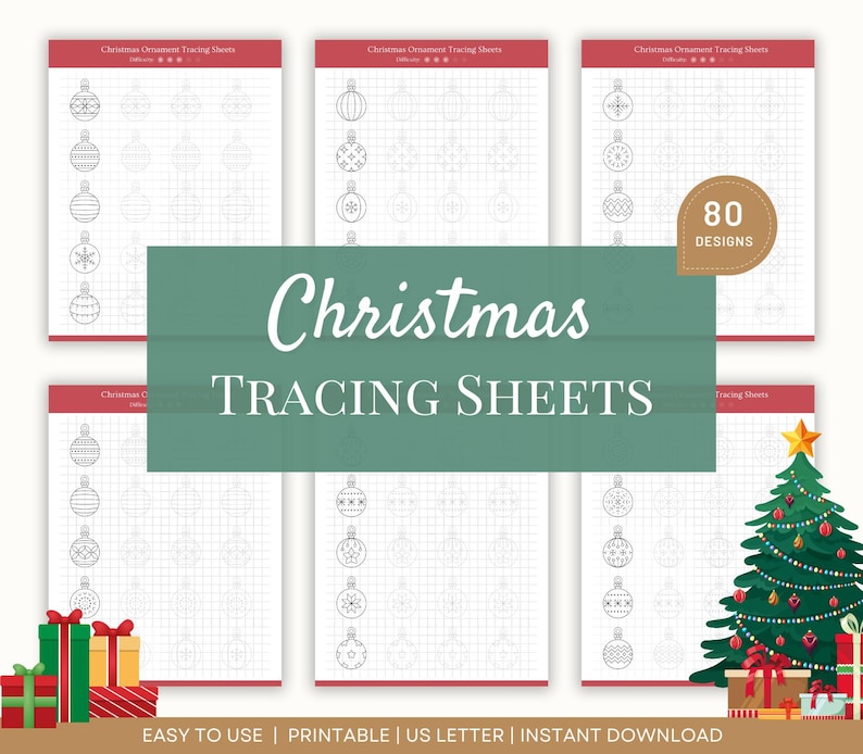 Christmas Ornament Tracing Sheets, Christmas Activity, Holiday Coloring Page, Christmas Practice Sheets, Stress Relief Art for Kids & Adults