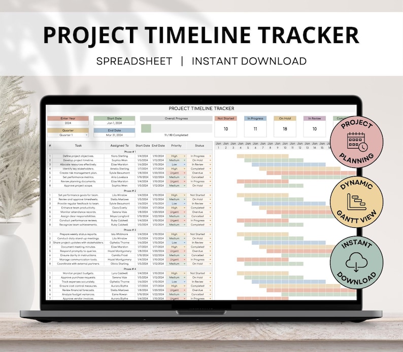 Project timeline tracker spreadsheet with Gantt chart template. Google Sheets project planner for task management and deadlines.
Editable project Gantt chart in Google Sheets. Timeline tracker for organizing tasks, managing projects, and hitting milestones.
