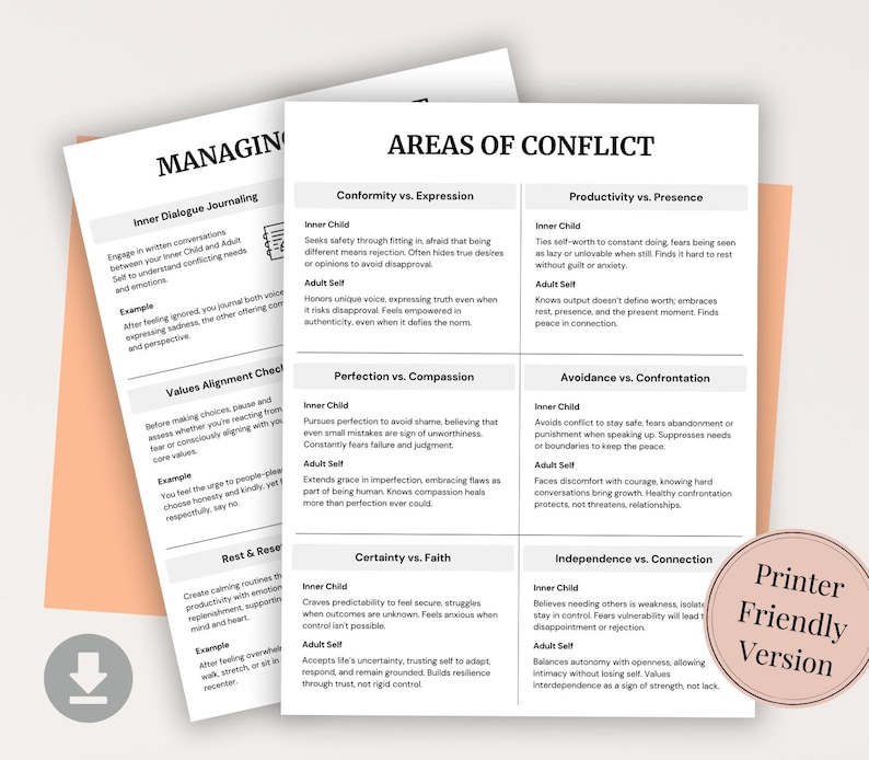 Inner child vs adult self therapy worksheets for healing, recovery, and self-reflection. Printable tools for emotional growth and inner child work.
