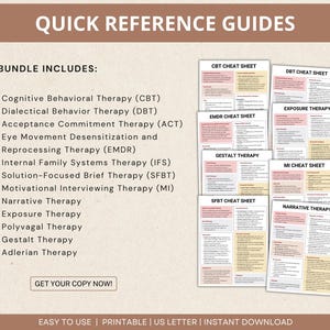 Therapeutic Cheat Sheets Bundle, CBT, DBT, EMDR, ERP, ACT, SFBT, IFS, Clinical Notes, Reference Sheets, Psychology Tools, Therapist Resource
