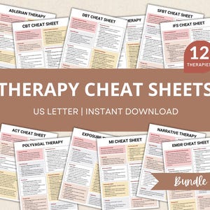 Therapeutic Cheat Sheets Bundle, Cbt, Dbt, Emdr, Erp, ACT, SFBT, IFS, Clinical Notes, Reference Sheets, Psychology Tools, Therapist Resource