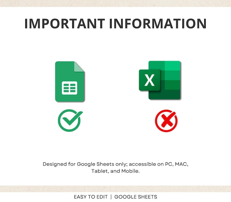 Puede incluir: Un icono verde de Google Sheets con una marca de verificaci&oacute;n junto a &eacute;l y una X roja junto a un icono verde de Microsoft Excel. El texto debajo dice "Dise&ntilde;ado para Google Sheets solamente; accesible en PC, MAC, tableta y m&oacute;vil. F&Aacute;CIL DE EDITAR | GOOGLE SHEETS".