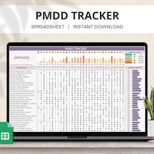 PMDD-symptomentracker Google Spreadsheets, PMDD-bewustzijn, premenstruele dysfore stoornis, maandelijks symptoomdagboek, dagelijkse PMDD-tracker-spreadsheet