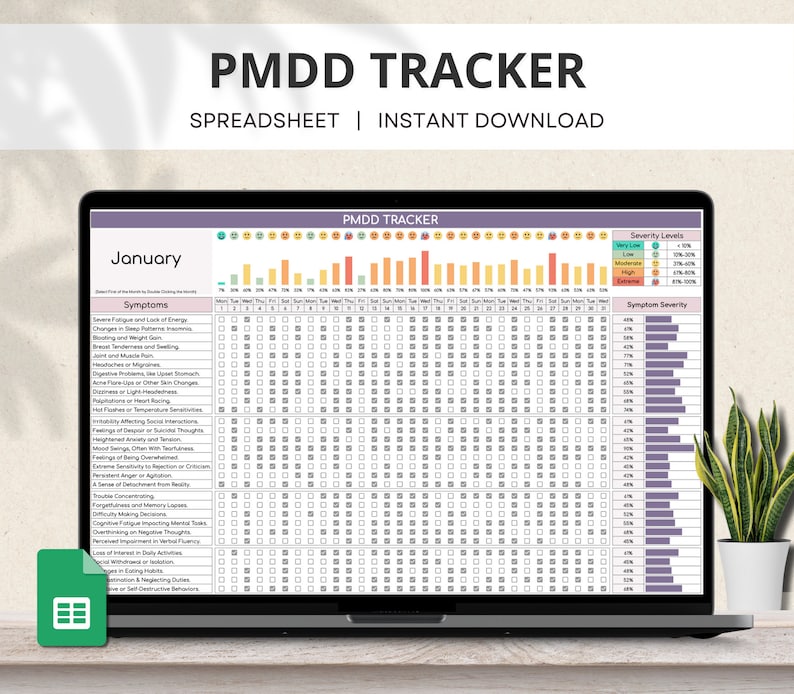 PMDD Symptoms Tracker Google Sheets, PMDD Awareness, Premenstrual Dysphoric Disorder, Monthly Symptom Diary, Daily PMDD Tracker Spreadsheet