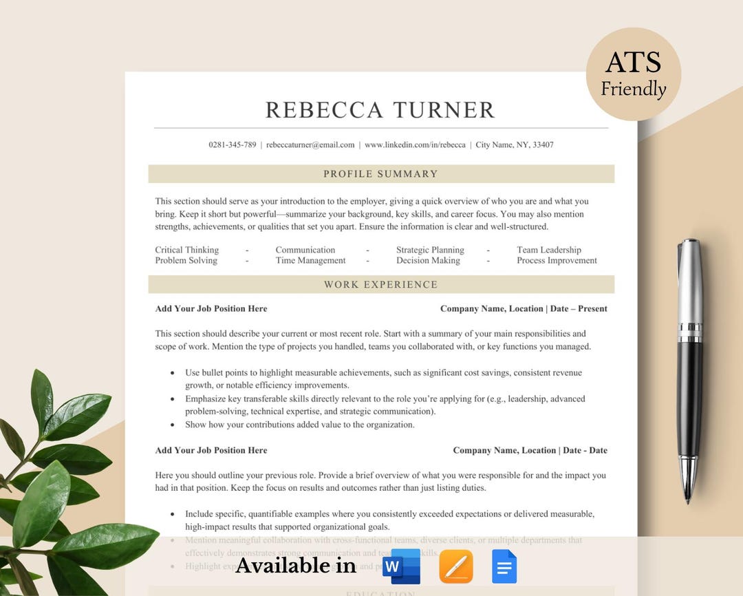 ATS Friendly Resume Template Word, Mac Pages, Google Docs, ATS Resume ...