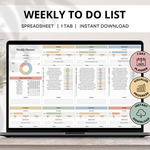 May include: A laptop screen shows a weekly to-do list spreadsheet. The planner layout includes sections for each day, with tasks, priority levels, and progress tracking. The text "WEEKLY TO DO LIST" is at the top. Additional text includes "SPREADSHEET | 1 TAB | INSTANT DOWNLOAD".