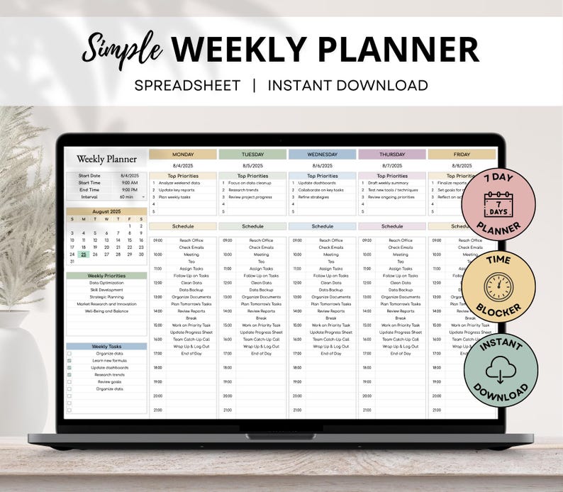 ADHD-friendly weekly time blocking planner and daily schedule tracker. Printable spreadsheet for organizing tasks and managing time.