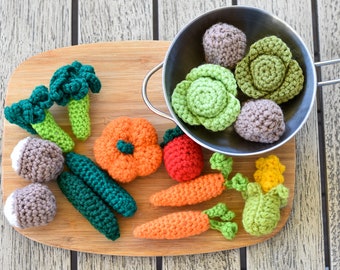 Handmade Crochet Vegetable Play Food Set 15pc w/ Calico Carry Bag