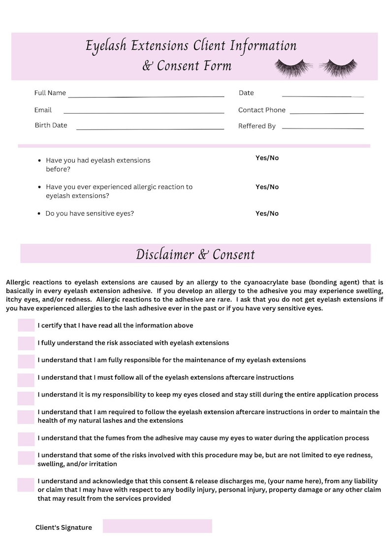Lash Extension Client Intake & Waiver Form Etsy