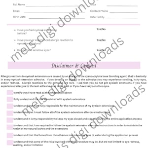 Puede incluir: Un formulario de información y consentimiento para extensiones de pestañas, en blanco y rosa. El formulario incluye secciones para nombre completo, correo electrónico y fecha de nacimiento, junto con preguntas sobre experiencias y alergias previas.