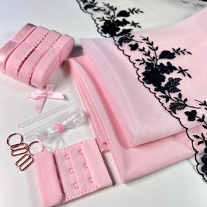 Bra Making Kit | Embroidered Tulle Lace | Bra Sewing Kit | Pink Bra Kit | Bralette DYI Kit | Bra Kit | Lace and Mesh Bra Making Kit | Pink