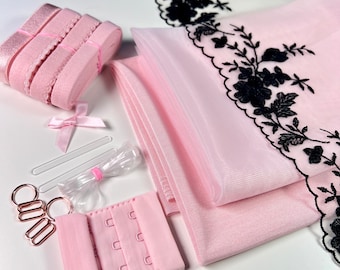 BH-maakset | Geborduurd tulekant | Naaiset bh | Roze bh-set | DYI-set met bralette | BH-set | Kit voor het maken van bh's van kant en mesh | Roze