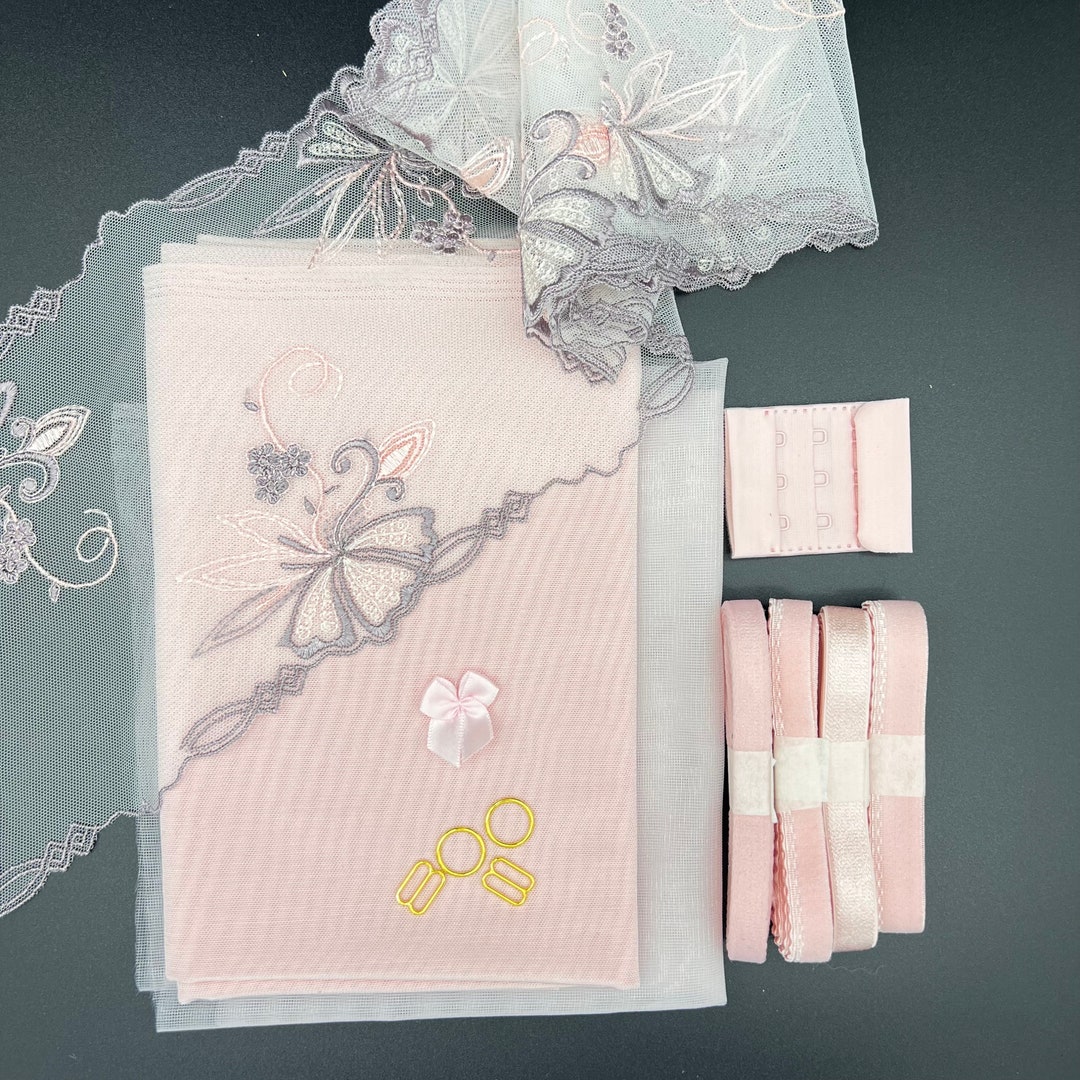 Bra Making Kit Embroidered Tulle Lace Bra Kit Bra Sewing Kit Pink Bra