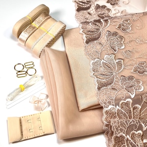 Bra Making Kit | Embroidered Tulle Lace Bra Kit | Bra Sewing Kit | Beige Bra Kit | Bralette DYI Kit | Gold Lace and Mesh Bra Making Kit
