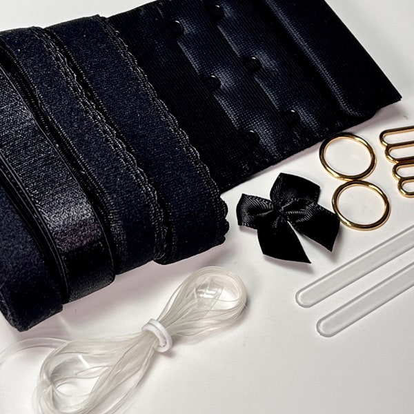 Black Bra Finding Kit | Lingerie Elastics Set | Hook & Eye Closure | Sliders and Adjusters | Bra DYI Kit | Bra Elastics Set | Bra Sewing