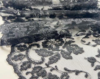 Midnight Floral Chantilly-Style Lace – Classic Black Embroidered Tulle| Lace trim by yard | Delicate gentle stretch lace 20cm/8Inch