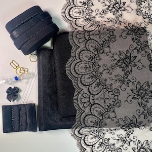 Bra Making Kit | Embroidered Tulle Lace Bra Kit | Bra Sewing Kit | Black Bra Kit | Bralette DYI Kit | Bra Kit | Lace and Mesh Bra Making Kit