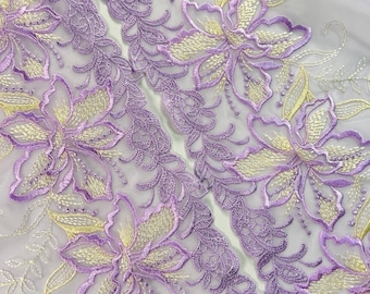 Enchanted Orchid Embroidered Tulle Lace | Embroidery Lace | Sold by Meter in two 0.5 pieces| Lace for Sewing |  Non Stretch | 8 inch 21 cm