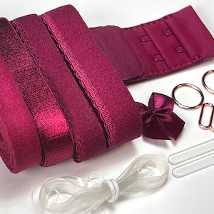 Burgundy Bra Findings Kit – Lingerie Elastic, Hook and Eye, Bones, Bows, Sliders and Rings | DIY Bra Findings & Supplies, Bra Making Kit