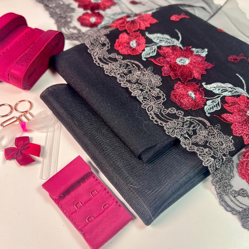 Bra Making Kit | Embroidered Tulle Lace Bra Kit | Bra Sewing Kit | Wine ...
