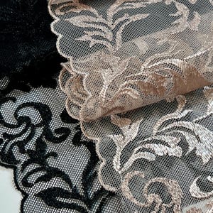 Embroidered Tulle Lace – Delicate Floral Lace in Black and Peach  | Sold by Meter in two 0.5 pieces| Non Stretch | 8 inch 20 cm