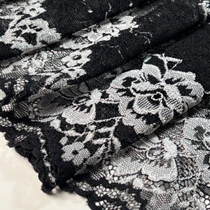 Dramatic Black & White Floral Stretch Lace – 20cm Wide