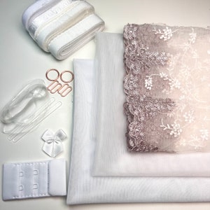 Bra Making Kit | Embroidered Tulle Lace Bra Kit | Bra Sewing Kit | White Bra Kit | Bralette DYI Kit | Bra Kit | Lace and Mesh Bra Making Kit