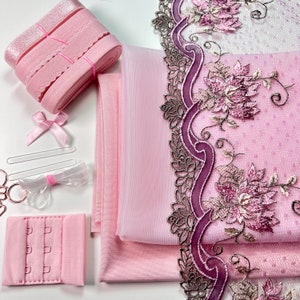 Bra Making Kit | Embroidered Tulle Lace Bra Kit | Bra Sewing Kit | Pink Bra Kit | Bralette DYI Kit | Bra Kit | Lace and Mesh Bra Making Kit