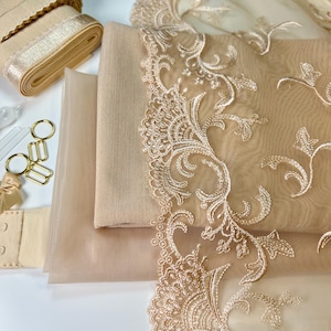 BH-Kit Bastelset | Besticktes Tüll-Spitze-BH-Kit | BH Nähset | Beige BH Kit | Bralette DYI-Kit | Spitze und Mesh BH-Kit