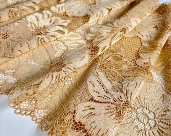 Golden Meadow - Premium Nylon Stretch Lace by the Yard| Floral Stretch Lace in Honey Beige and Black | Lace for DIY Sewing | 24 cm/9inch