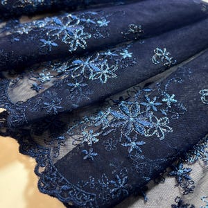 Midnight Blue Embroidered Tulle Lace in Navy| Embroidery Lace |  Non Stretch | Sold by Meter in two 0.5 pieces| 6 inch 15 cm