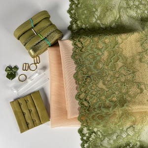 Verde Muse Bra Making Kit | Moss Green Stretch Lace| Bralette DIY Kit| Bra Kit | Bralette Kit |Olive Elastics Set | Beige Mesh and Liner Set