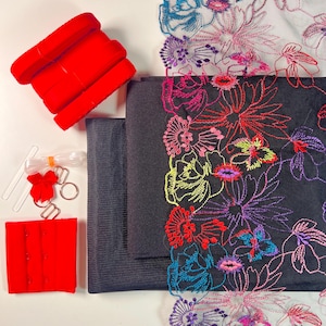 Bra Making Kit | Embroidered Tulle Lace Bra Kit | Bra Sewing Kit | Red Bra Kit | Bralette DYI Kit | Bra Kit | Non Stretch Tulle Bra Kit