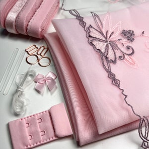 Bra Making Kit | Embroidered Tulle Lace Bra Kit | Bra Sewing Kit | Pink Bra Kit | Bralette DYI Kit | Bra Kit | Lace and Mesh Bra Making Kit