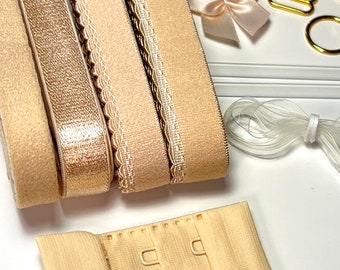 Beige Bra Finding Kit | Lingerie Elastics Set | Hook & Eye Closure | Sliders and Adjusters