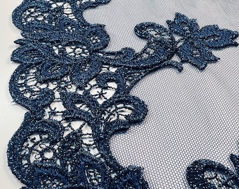 Midnight Aurora Corded lace | Embroidered Tulle Lace | Lace trim by yard | Lace for Sewing | Navy Blue Lace| Non stretch 32cm/13inch wide