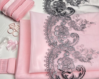Bra Making Kit | Embroidered Tulle Lace Bra Kit | Bra Sewing Kit | Pink Bra Kit | Bralette DYI Kit | Bra Kit | Lace and Mesh Bra Making Kit