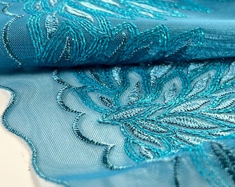 Turquoise Blue Leaf Embroidered Tulle Lace – Aqua Botanical Embroidered Tulle Lace | Delicate non stretch lace 19 cm/7.5 Inch