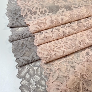 Stretch Lace – Premium Nylon Stretch Lace by the Yard| Floral Lace| Lace for DIY Bra Sewing Projects| Pastel grey and peach | 22 cm/8.5inch