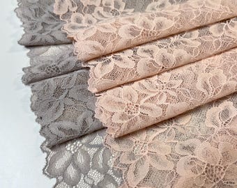 Stretchkant: premium nylon stretchkant op maat gesneden| Gebloemd kant| Kant voor doe-het-zelf bh-naaiprojecten| Pastelgrijs en perzik | 22 cm/8,5 inch