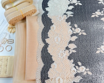 Starlit Rose Beige Bra Making Kit | Stretch Lace Bra Kit | Bra Sewing Kit | Beige and Grey Bra Kit | Bralette Kit | Lace and Mesh Bra kit