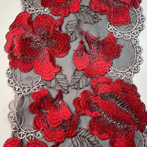 Bold Red Embroidered Tulle Lace | Embroidery Lace | Lace trim by yard | Lace for Sewing | Lace for DIY Bra | Non stretch Lace