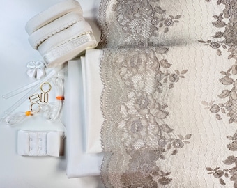 Whispering Rose White Bra Making Kit | Stretch Lace Bra Kit | Bra Sewing Kit | Off White Bra Kit | Bralette Kit | Lace and Mesh Bra kit