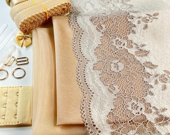 Whispering Rose Beige Bra Making Kit | Stretch Lace Bra Kit | Bra Sewing Kit | Beige Bra Kit | Bralette Kit | Lace and Mesh Bra kit