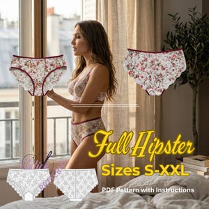 Peut inclure: Une culotte hipster à motif floral avec une bordure rouge foncé et des bords festonnés. Le motif présente de petites fleurs rouges et vertes sur fond blanc. Le texte "Full Hipster Sizes S-XXL PDF Pattern with Instructions" est visible.